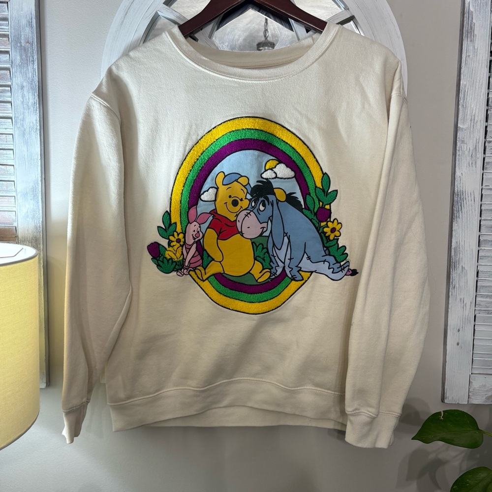 DISNEY WINNIE the POOH EEYORE Tufted Graphic lounge Crew Sweatshirt Cream Sz xl